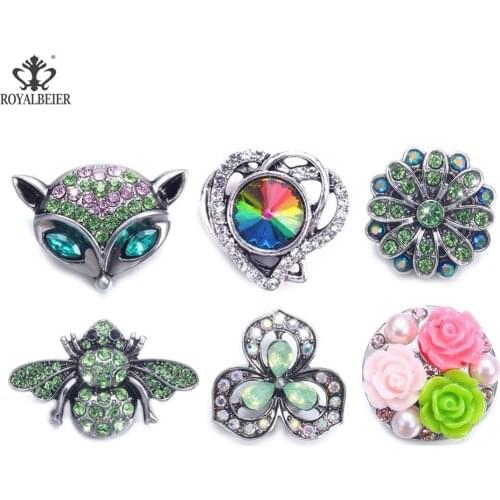 ROYALBEIER 6pcs/lot Mixed 18mm Rhinestone Beads Metal Snap Mix Newest Styles Series Button Charms Snap Jewelry Making