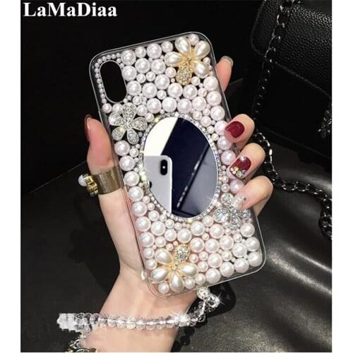 Bling Shiny Diamond Crystal Pearl Flower Phone Cover Mirror Case For HuaweiP8 P9 P10 P20 P30 P40 PLUS LiTE Mate10 20 30 Pro Lite