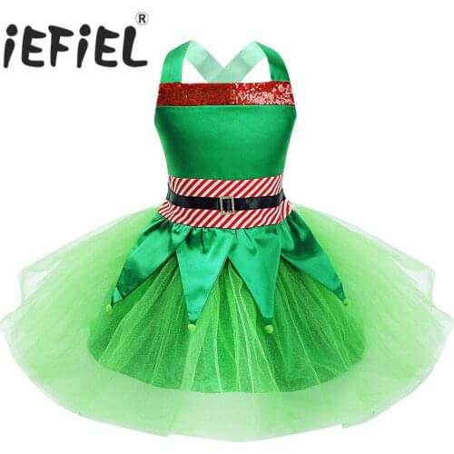Girls Christmas Dress Cosplay Costume Outfit Sleeveless Sequins Striped Waist Criss Cross Back Tops with Mesh Tulle Tutu Outfits