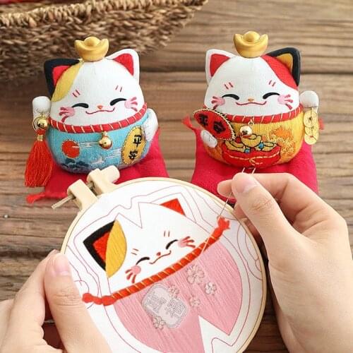 Cartoon Lucky Cat DIY Embroidery Kit Amulet Sachet Car Pendant Needlework Handmade Cross Stitch Sewing Craft Gift Home Decor