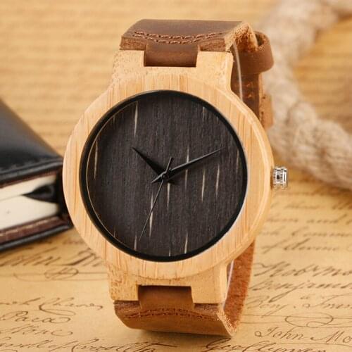 Women Nature Wood Watches Black Dial Bangle Bamboo Pattern Handmade Fashion Wristwatches Female Clock Genuine Leather Strap