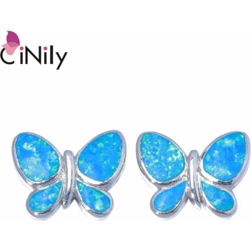 CiNily Created Blue Green Fire Opal Silver Plated Wholesale Lovely Butterfly for Women Jewelry Stud Earrings 10mm OH4471-72