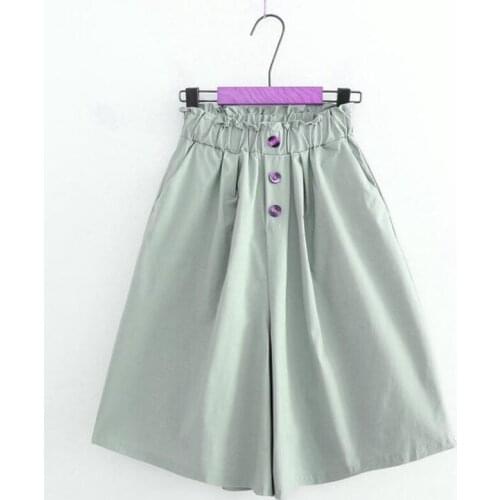 2021 Button Front School Women Wide Leg Shorts Skirts Korean Style Casual Loose Solid Elastic Waist Streetwear Flare Short Pants