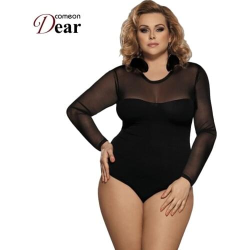Comeondear Plus Size Bodysuit Women Patchwork Long Sleeve Sexy Body Mujer Yarn See Through Body Femme Jumpsuit RB80373