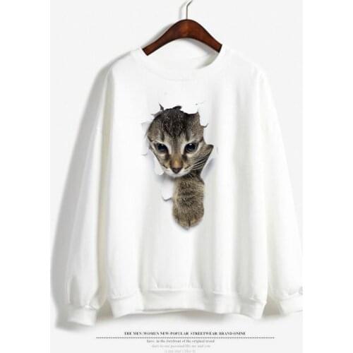 Women White Sweatshirts Cute Cat Print Hoodies Cotton Long Sleeve Regular Fashion Casual Ladies Pullover Tops