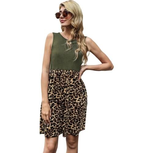 Leopard Contrast Color Pocket Patchwork O Neck Sleeveless Elegant Dress Women Casual Loose Streetwear High Waist Dresses
