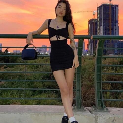 Sexy Hollow Black Mini Dress for Women Summer Sleeveless Drawstring V-neck Backless Slim Party Bodycon Dress Club Outfits MD0081