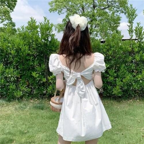 Vintage puff sleeve solid color short dress Elegant ruffle square sleeve slim bow dresses vestidos vestidos de fiesta de noche