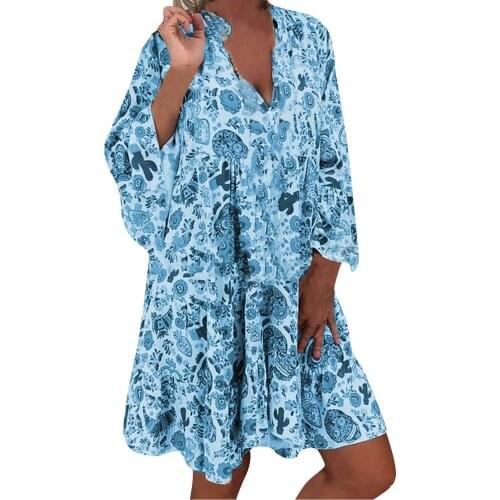 New Summer Dress Women Ethnic Print Loose Pullover Short Sleeve Princess Dress V-neck Ladies Dresses For Women 2021 Vestidos
