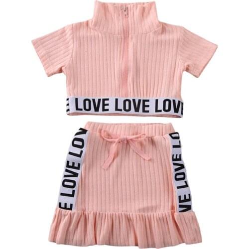 Free shipping lovely Toddler Kids Baby Girls clothes zipper pullover Turtle Neck short sleeve Tops Bandage LOVE print Skirts 2pc