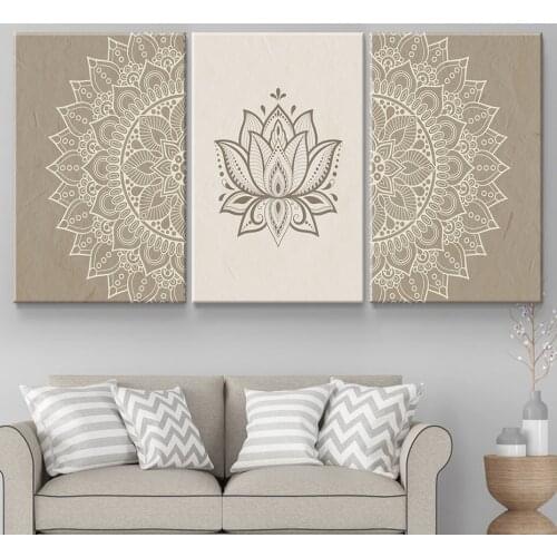 Beige Bohemian Mandala Wall Art Print Lotus Canvas Painting Abstract Flower Picture Boho Chic Poster Minimalist Yoga Wall Decor