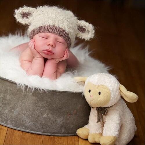 Lamb baby hat hand knit curly hat newborn photo prop cream ecru beige brown taupe boy girl unigender animal beanie with ears