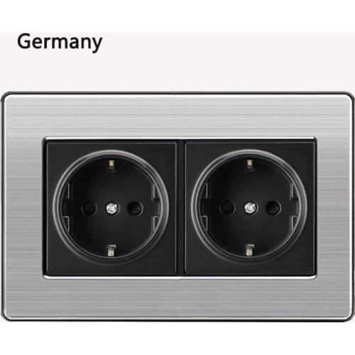 16a Eu Standard Wall Double Socket Luxury Power Outlet Stainless Steel Brushed Silver Panel 146mm*86mm Ac 110~250v