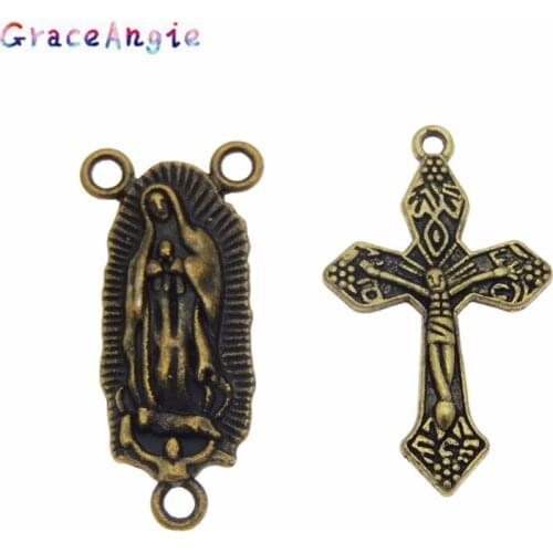 GraceAngie 10pcs/pack Rosary Cross and Center Sets for Rosary Bead Necklace Making Crucifix Cross Pendants Virgin Connector