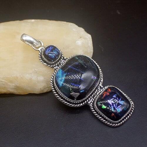 Hermosa Jewelry Awesome Special Hot Sale Dichroic Glass Silver Color Charm Necklace Pendant for Women Gifts 77mm FQ118