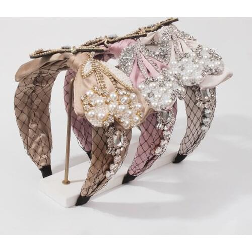 Lalynnly Fashion Silk Fabric Bow Knot Headband Womens Hairband Rhinestone Imitation Pearl Headband Hair Accessories Gifts F3389