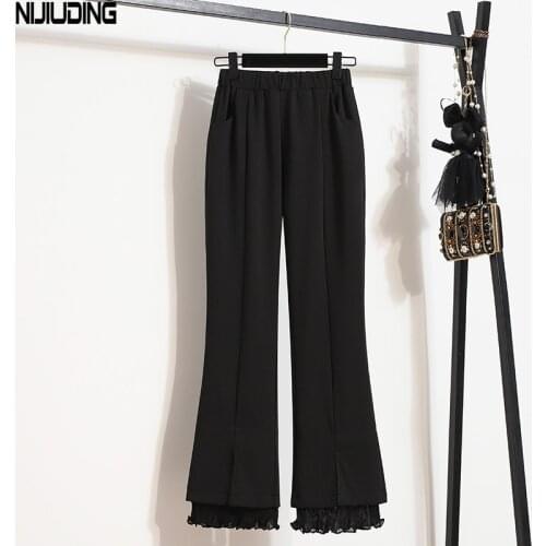 Summer Plus Size 4XL Eleastic Waist Wide Leg Pant Women Lace Patch Work Trousers Female Office Ladies Ankle-Length Pants Pockets