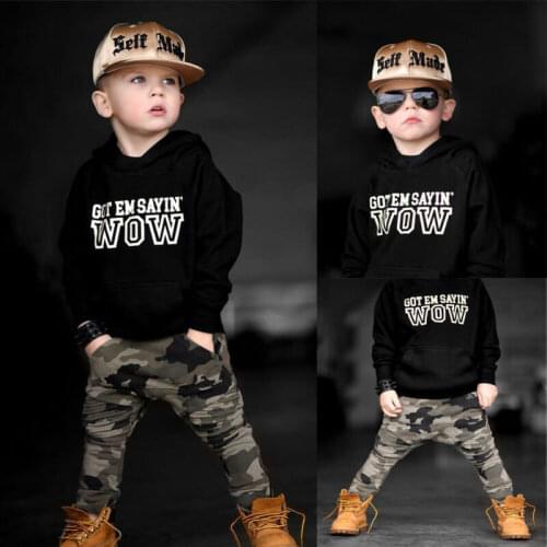 Hot Sale Newborn Baby Boys Clothes Hoodie Camouflage Pants Pullover Letter Print Hooded Tops Sweatshirt Kids Outfits 2Pcs Set
