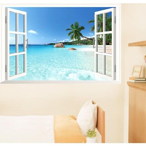 2019 Newest DIY Huge Removable Beach Sea 3D Window View Scenery Wall Sticker Decor Decals for Living Room and Bedrooms