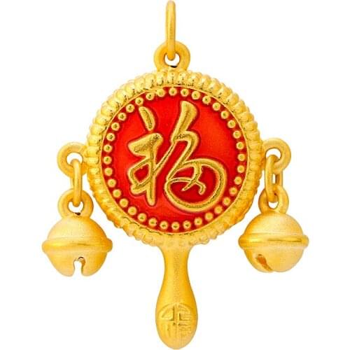 New Arrival 24K Yellow Gold Pendant Chinese Red Fu Drum Necklace Pendant