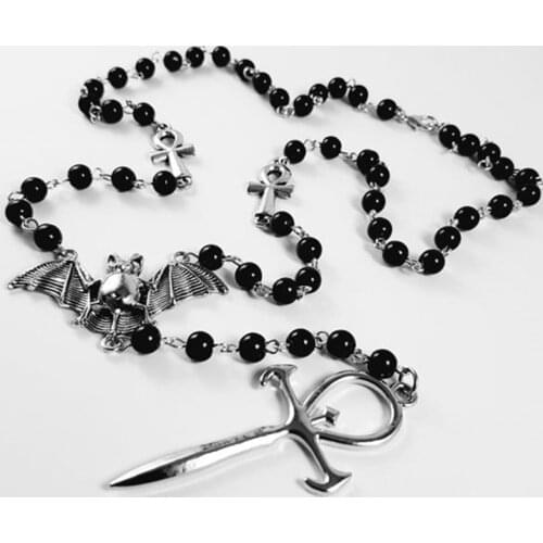Gothic Vampire Bat Necklace, Cross Rosary Necklace, Witch Mysterious Pagan Jewelry, Bohemian Style, Gifts for Women