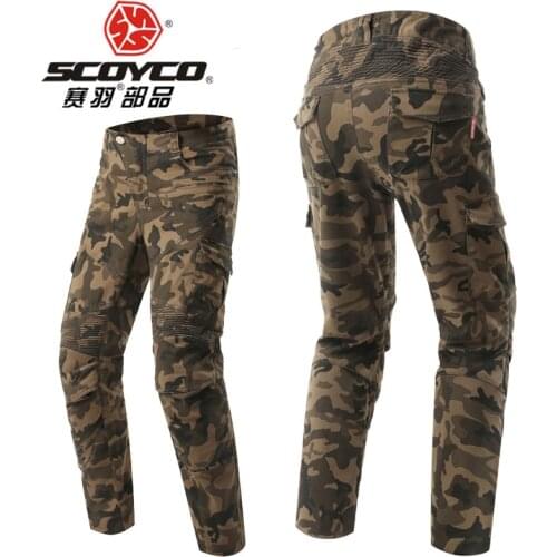 2017 SCOYCO motorcycle riding trousers Stretch camouflage locomotive jeans Retro casual knight pants EVA hips CE knee pads