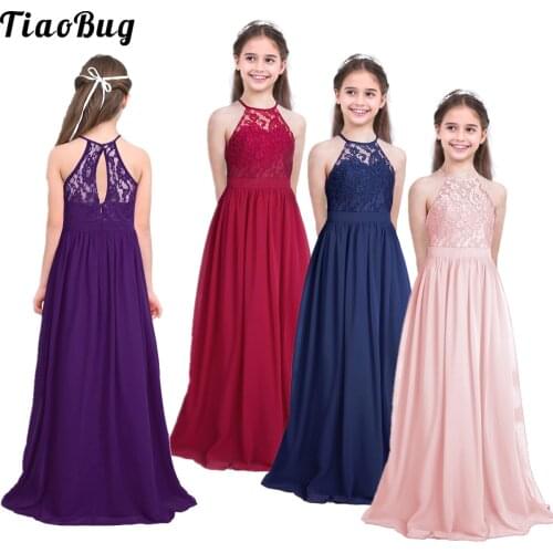 TiaoBug Kids Girls Lace Chiffon Sleeveless Halter Flower Girl Dress Princess For Pageant Wedding Bridesmaid Birthday Party Dance