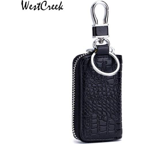 WESTCREEK Brand Leather Men Zipper Car Key Wallets Crocodile Pattern Women Key Organizer with Keychain Casual Key Holder