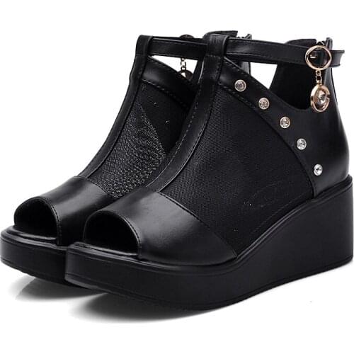 2021 New Fish Mouth Rhinestone High Quality PU Mesh Boots Summer Women Sandals Platform Heighten Shoes Black High Heel Sandals