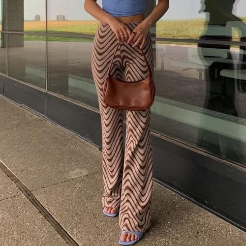 Women Flared Trousers Brown Wavy Stripe Printed Pattern High Waist Pants Female Vintage Sweatpants Casual Bell Bottom Leggings