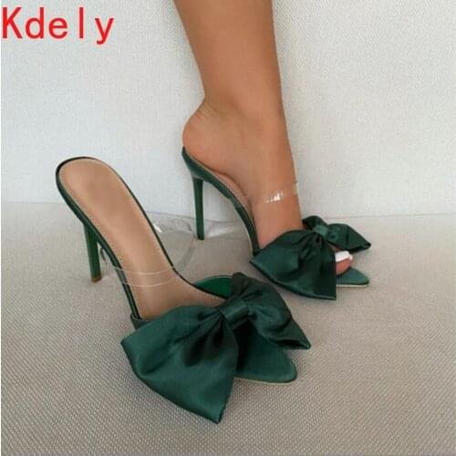 NEW Summer Concise Silk Butterfly-Knot STILETTO MULES Womens Pumps 2021 Sexy Pointed Toe Slingbacks Ladies Party Shoes