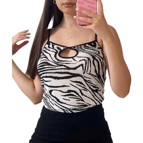 Women Sexy Hollow Out Camisole Top Sleeveless V Neck Zebra Striped Print Tank Top Summer Y2K Harajuku Casual Crop Top Streetwear