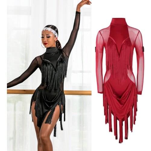 New Latin Dance Dress Women Mesh Tassel Skirts Black Red Fringe Competition Dress Cha cha Rumba Samba Latin Performance Clothes