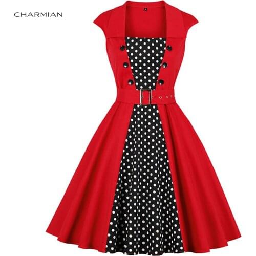 Charmian Womens Vintage Rockabilly Polka Dots Patchwork Lapel Square Neckline Cocktail High Waist Midi Dress with Belt
