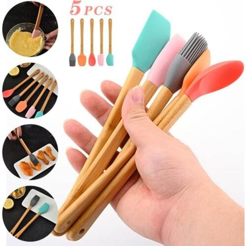 5pcs Spatula Spoon Brush Sets Non-stick S Food Grade Silicone Cookware With Wooden Handle Colorful Baking Kitchen Spatula Tools
