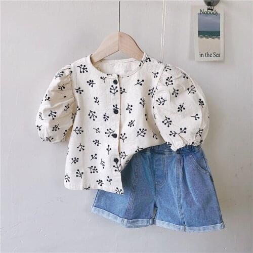 Girls' printed short sleeves Korea childrens wear girls' baby summer retro bubble sleeve shirt girls cute flower T-shirt