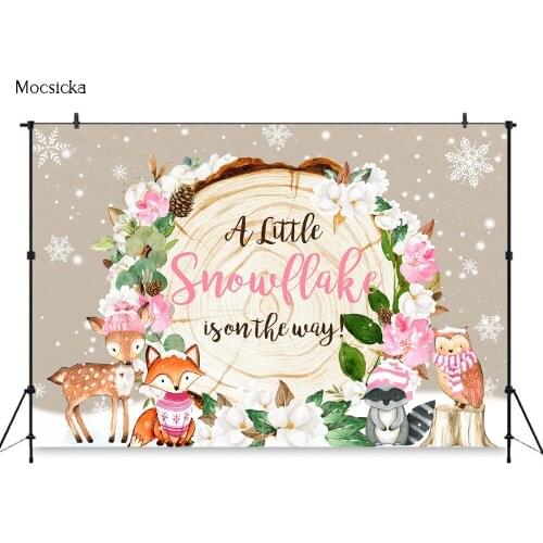 Baby Shower Backdrop Baby Child party Animal Backdrop Pink Floral Snowflake Fox Owl Background Photobooth