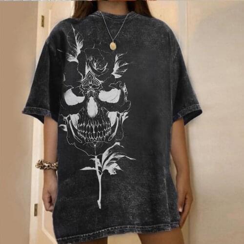Skulls Print T Shirt Women Harajuku Vogue O-neck Tshirt Short Sleeve Streetwear Ladies Vintage Summer Loose T-shirt Tops #T2P