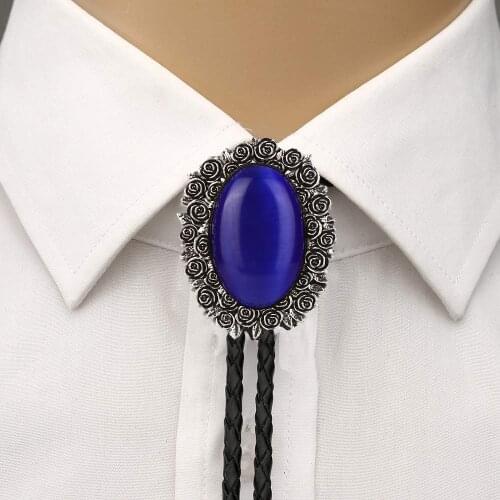 Rose lace side Turquoise red black nature stone bolo tie for man cowboy western cowgirl lather rope zinc alloy necktie