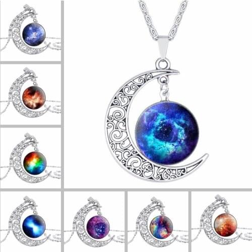 Hot Fashion Jewelry Choker Necklace Glass Galaxy Lovely Pendant Silver Chain Moon Necklace