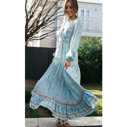 Jastie Vintage Floral Maxi Dresses Elegant Beach Button V Neck Floral Print Tunic Long Summer Boho Dress Women Vestidos 2021