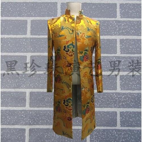 Costumes for singers personalized slim gold blazer mens embroidery suits long design chinese tunic suits men designs fashion