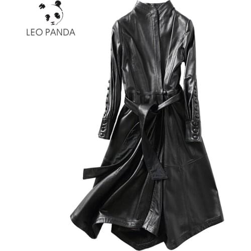 Spring Autumn New Leather Jackets For Ladies High Quality Sheep Skin Slim Fit Lace Long Coat Large Size 3XL