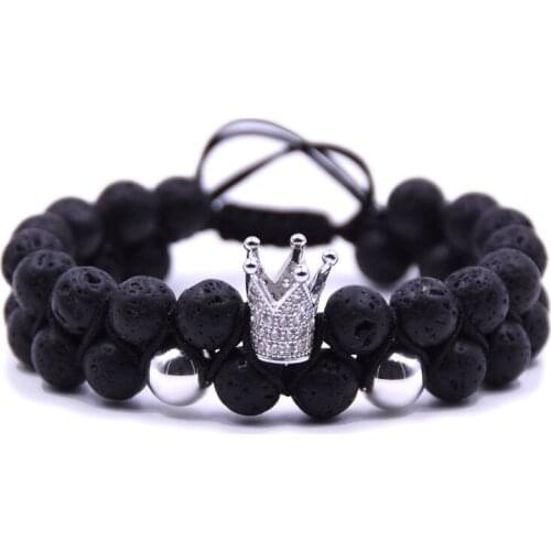 Micro Zirconia King Crown Braided Lava Stone Men Bracelet Woven Beads Punk Bracelets for Women Jewelry Gifts