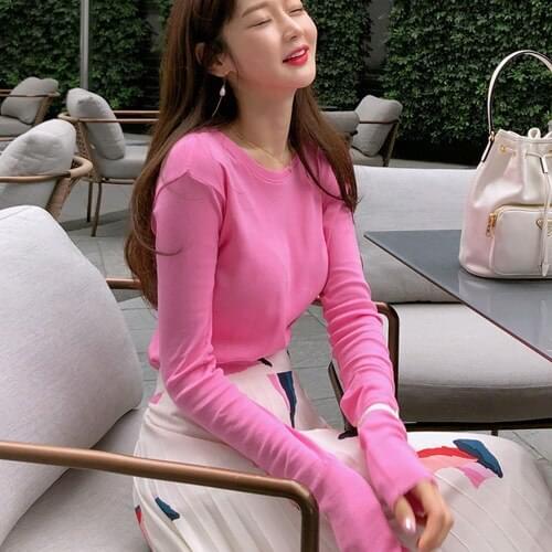 Sweet Pink T-shirt Long Sleeve Tops Women 2020 Concise Round Neck Basic T Shirt Spring Fashion Female Slim Solid Plain T-shirts