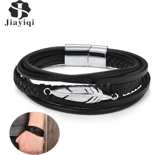 Jiayiqi Multi-Layer Genuine Leather Feather Shape Bracelet For Men Stainless Steel Magnetic Clasp Fashion Bangles Male Jewelry