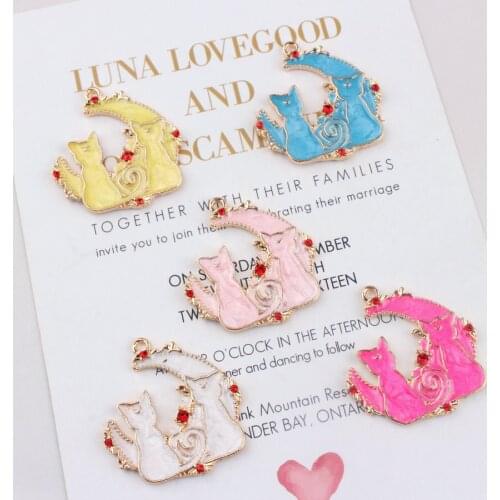 5pcs 31*33MM Fashion DIY enamel big moon cat charms for bracelet, metal alloy enamel gold color pendants dangle jewelry making