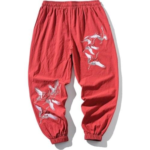 Summer Leisure Trousers Embroidery Linen Cotton Waist Men Pants Regular Straight Bottom Flax Men Lantern Band Foot Printed Pants