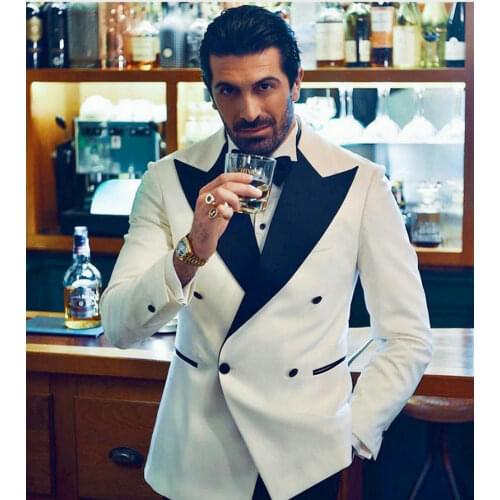 Latest Coat Pant Designs 2021 Double Breasted Suit For Men Slim Fit White Peaked Lapel Tuxedo Suit Wedding Dress Costume Homme