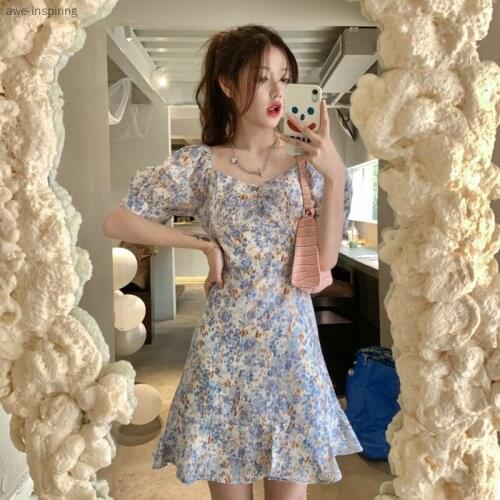 2021 Summer New Floral Dress Fresh Off-shoulder Super Fairy Forest Sweet Mid-length Section Slimming Waist Slimming Temperament